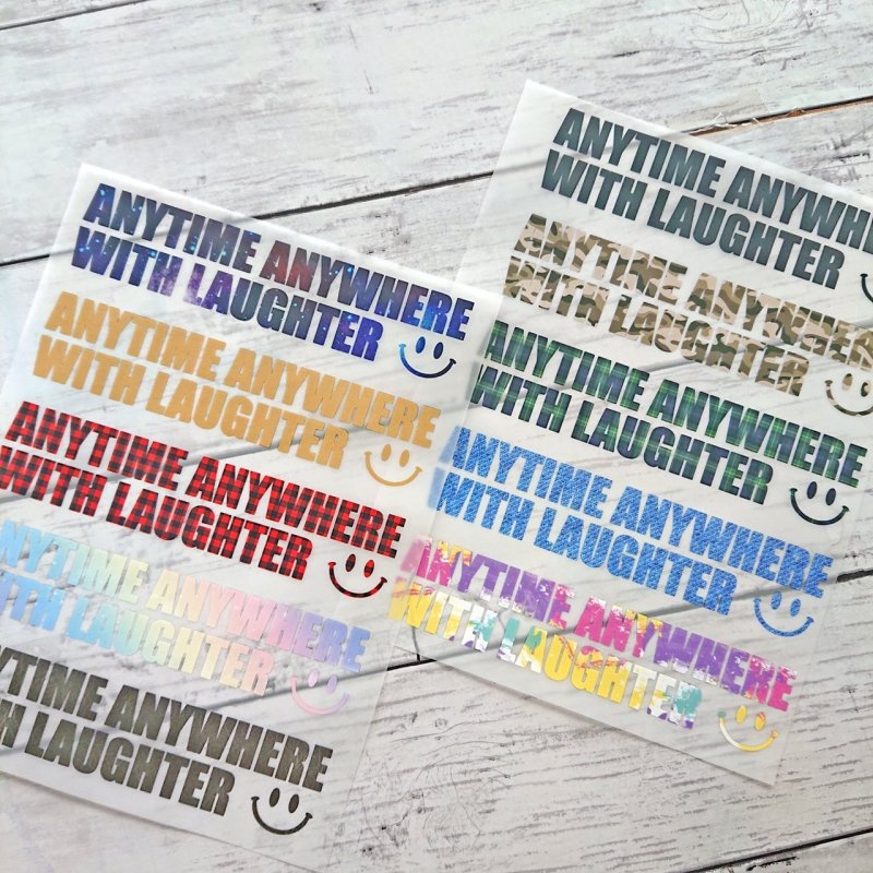 画像1: 【お試し販売・30％OFF】ANYTIME ANYWHERE WITH LAUGHTER・いつでもどこでも笑いと共に文字ロゴシート(B)フルカラー転写シート◆15x3.3cm・5枚セット (1)