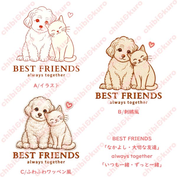 画像1: 【名入れ・文字変更OK】仲良し犬猫 【B】フルカラー転写アイロンシート/BEST FRIENDS (1)